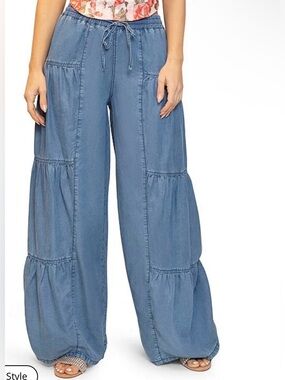 Stevie by Steve Madden Chambray Tiered Wide Leg Pants.